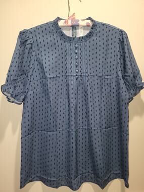 Falechay Navy Blue Black Spot Womens Top w Buttons Sz L